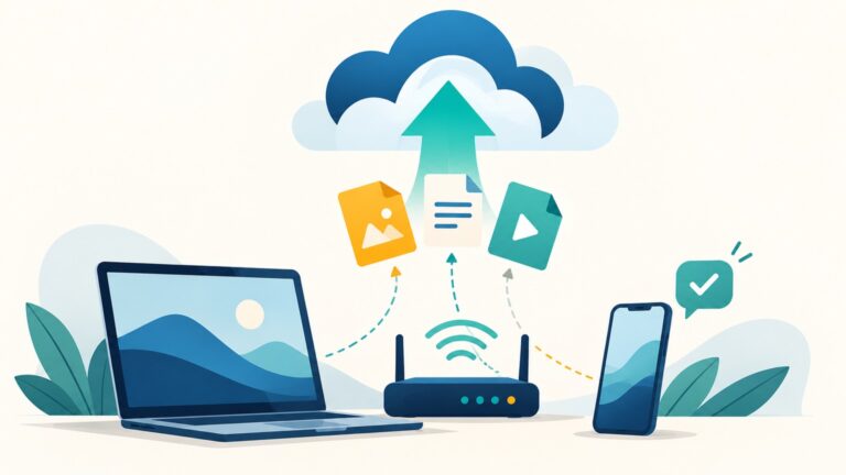 Illustration of a laptop, two-antenna router, and smartphone beneath three file tiles and a large teal arrow pointing into blue clouds. A checkmarked message bubble sits beside the phone, with decorative leaves on an off-white background.